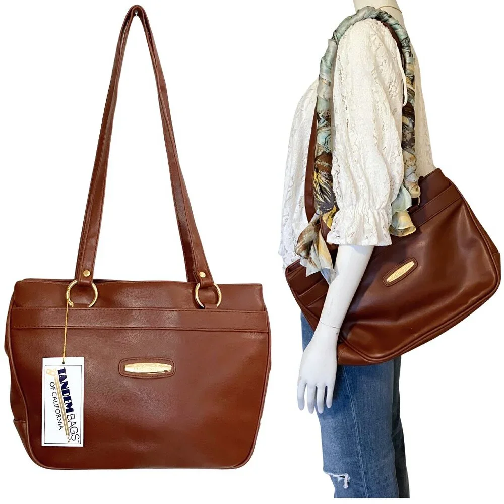 Deadstock Vintage 90s Brown Leather Shoulder Bag Classic Tote Preppy Large Work - Picture 1 of 11